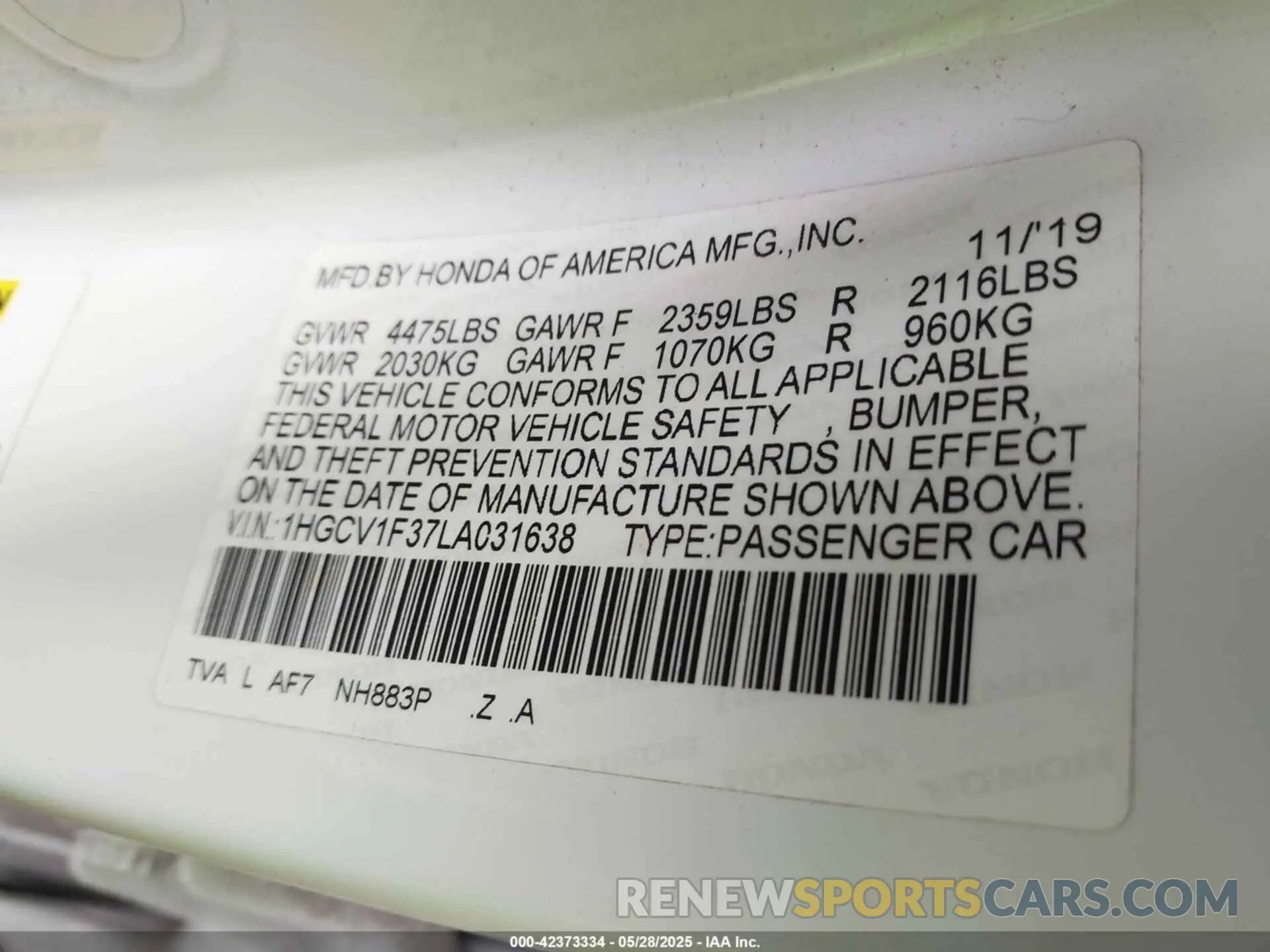 9 Photograph of a damaged car 1HGCV1F37LA031638 HONDA ACCORD 2020