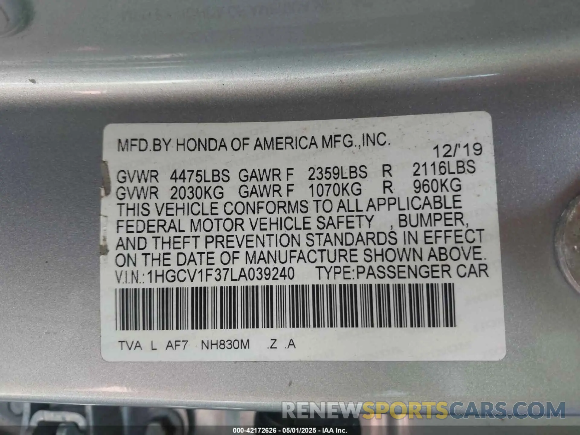 9 Photograph of a damaged car 1HGCV1F37LA039240 HONDA ACCORD 2020