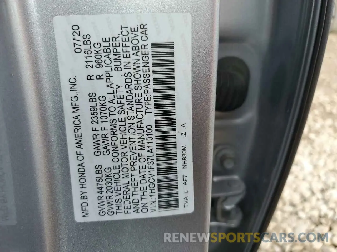13 Photograph of a damaged car 1HGCV1F37LA110100 HONDA ACCORD 2020