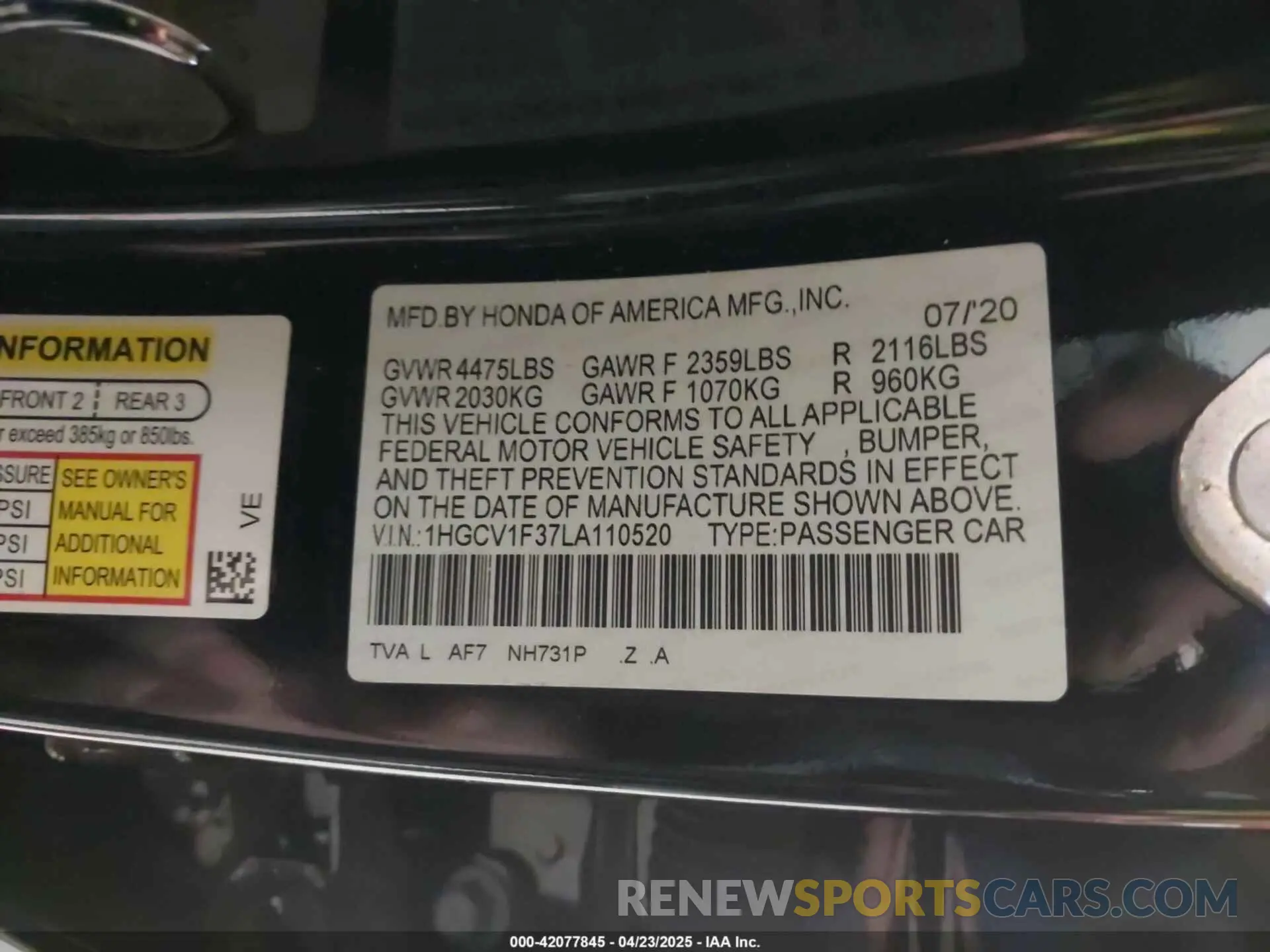 9 Photograph of a damaged car 1HGCV1F37LA110520 HONDA ACCORD 2020