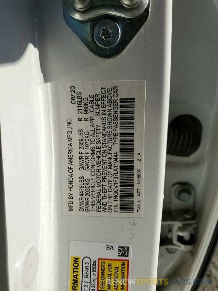 12 Photograph of a damaged car 1HGCV1F37LA119444 HONDA ACCORD 2020