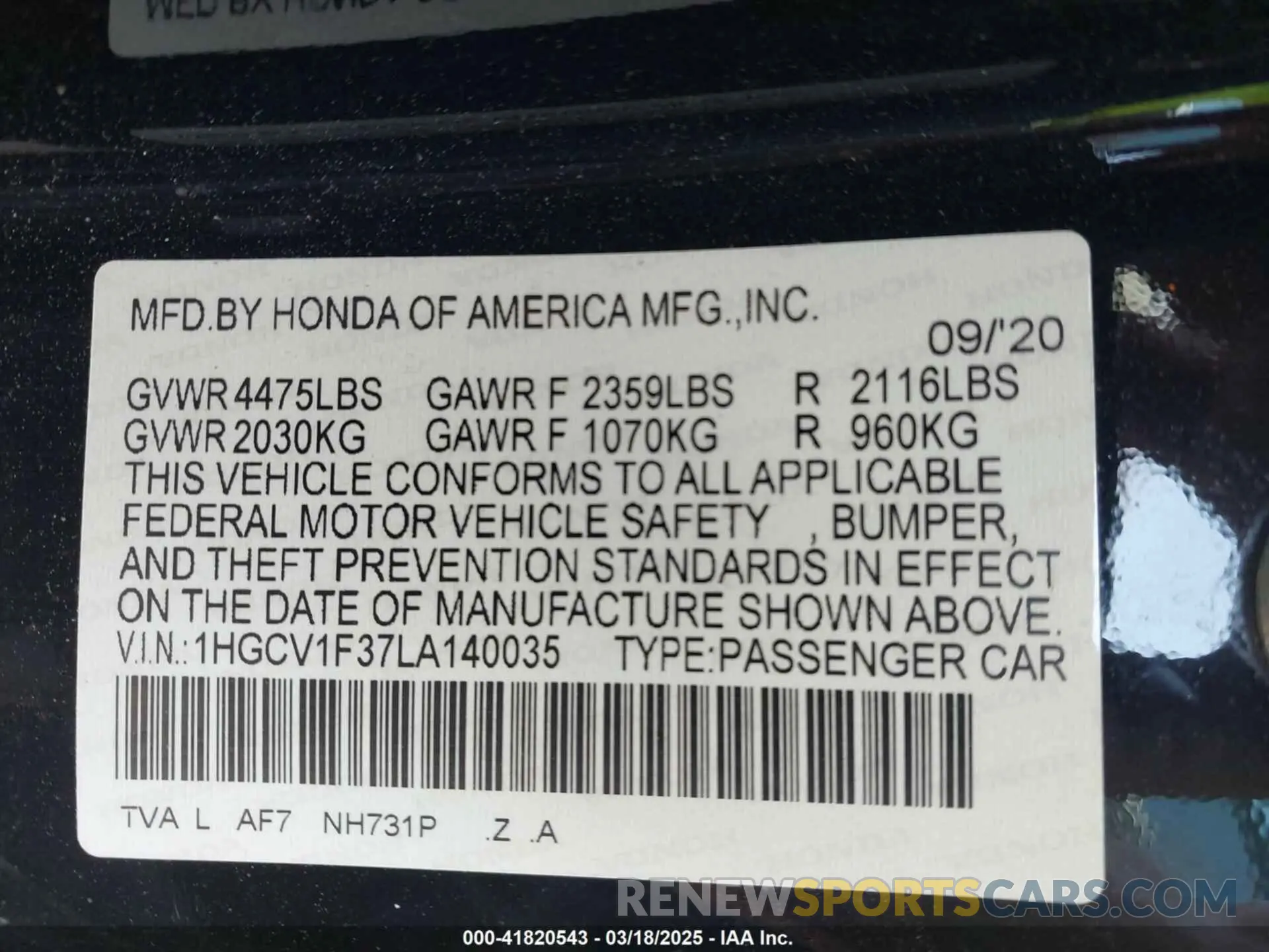 9 Photograph of a damaged car 1HGCV1F37LA140035 HONDA ACCORD 2020