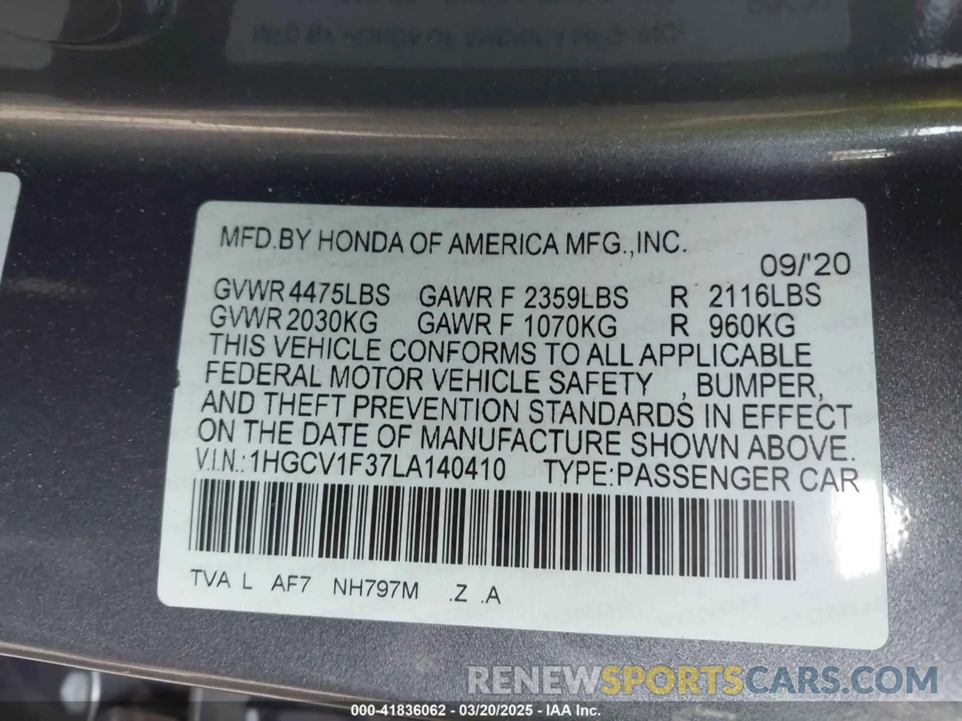 9 Photograph of a damaged car 1HGCV1F37LA140410 HONDA ACCORD 2020