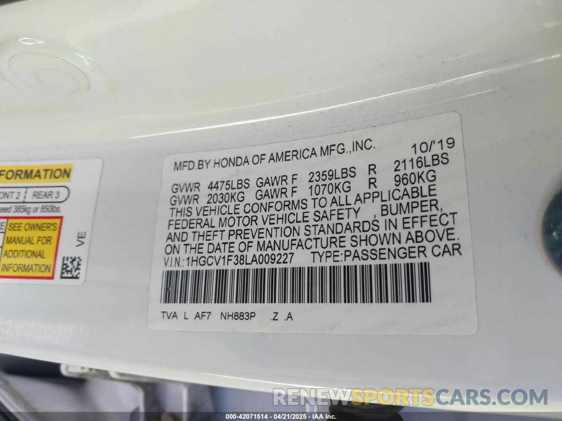 9 Photograph of a damaged car 1HGCV1F38LA009227 HONDA ACCORD 2020