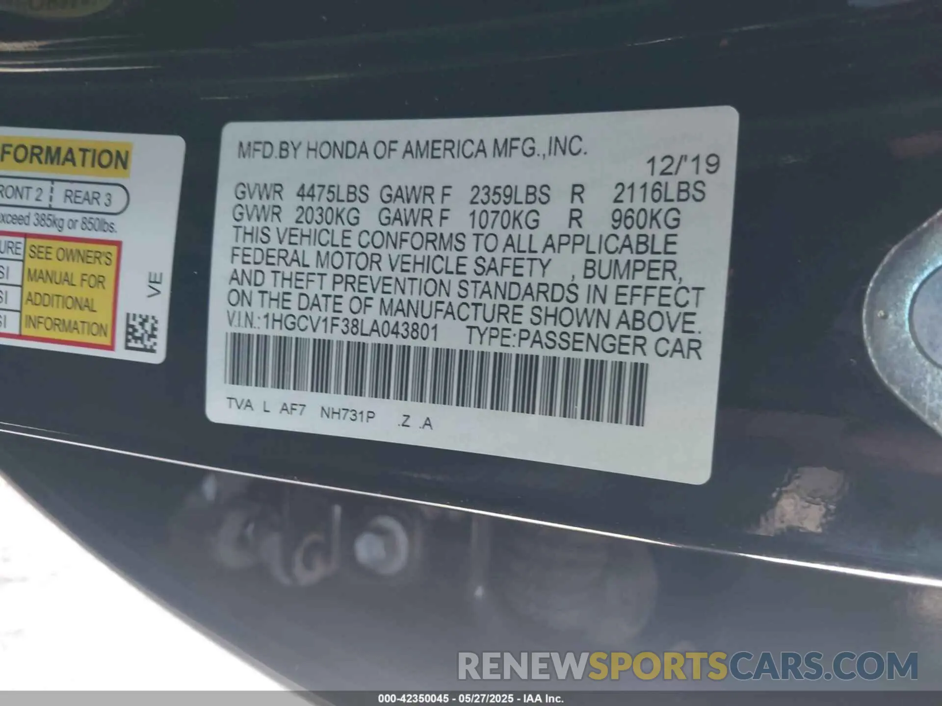 9 Photograph of a damaged car 1HGCV1F38LA043801 HONDA ACCORD 2020