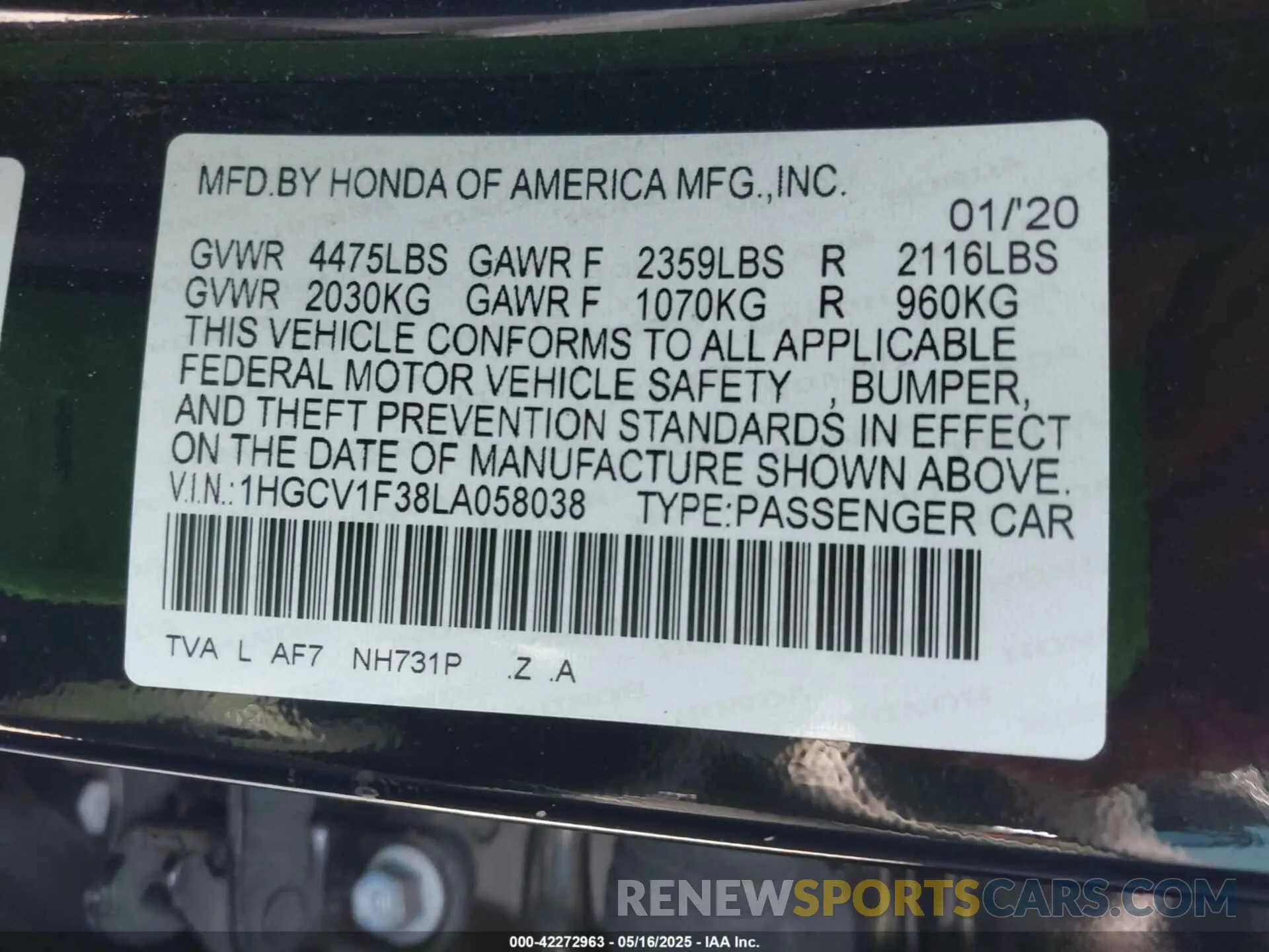 9 Photograph of a damaged car 1HGCV1F38LA058038 HONDA ACCORD 2020