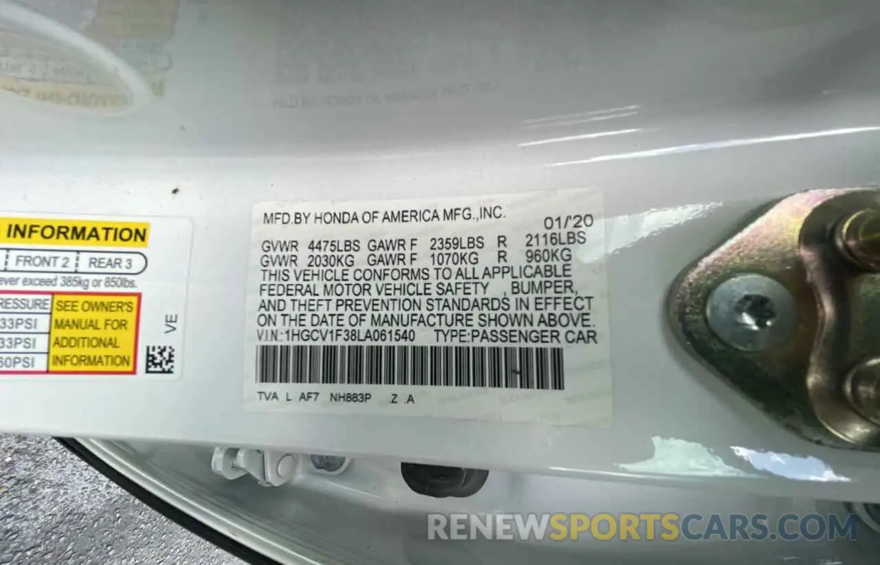 10 Photograph of a damaged car 1HGCV1F38LA061540 HONDA ACCORD 2020