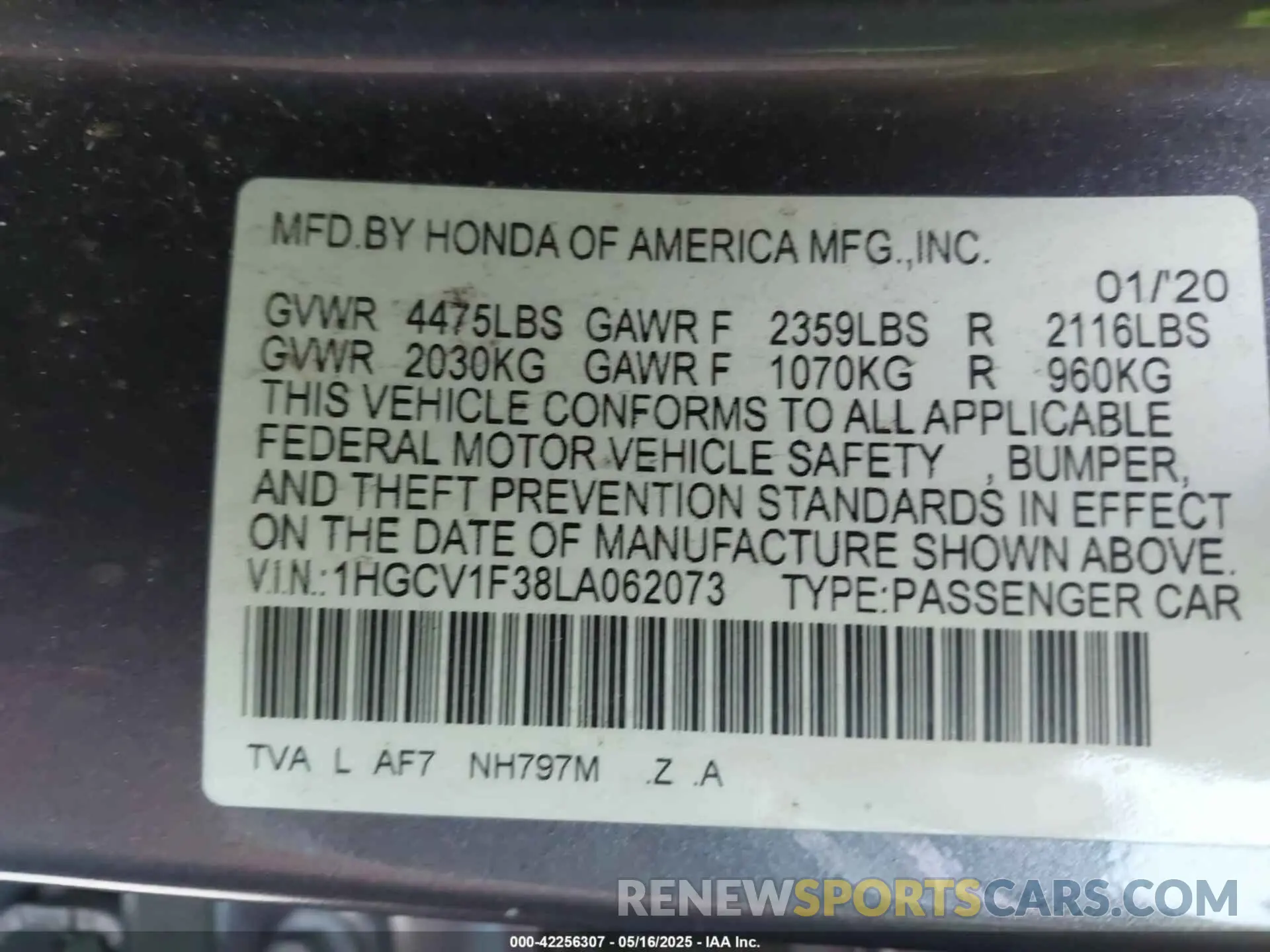 9 Photograph of a damaged car 1HGCV1F38LA062073 HONDA ACCORD 2020