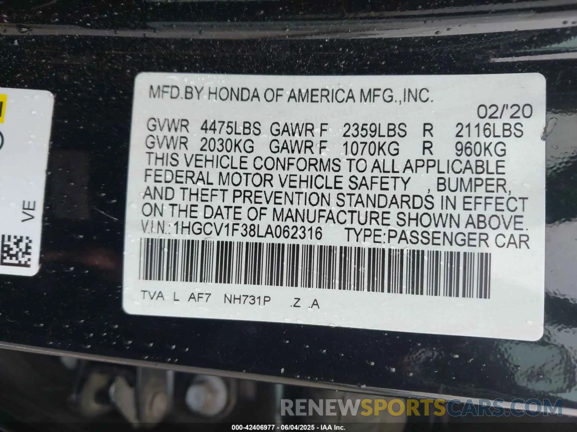 9 Photograph of a damaged car 1HGCV1F38LA062316 HONDA ACCORD 2020