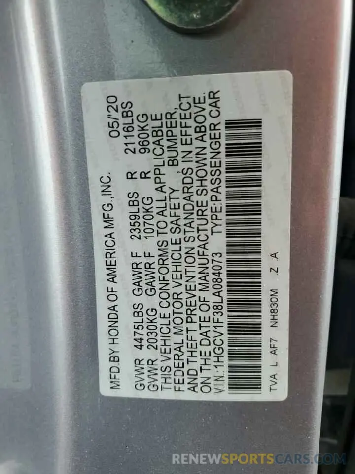 13 Photograph of a damaged car 1HGCV1F38LA084073 HONDA ACCORD 2020