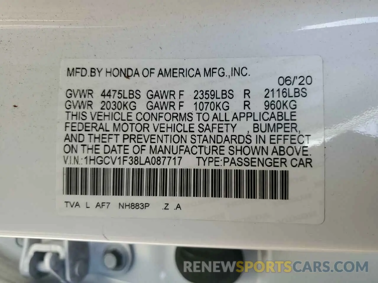 12 Photograph of a damaged car 1HGCV1F38LA087717 HONDA ACCORD 2020
