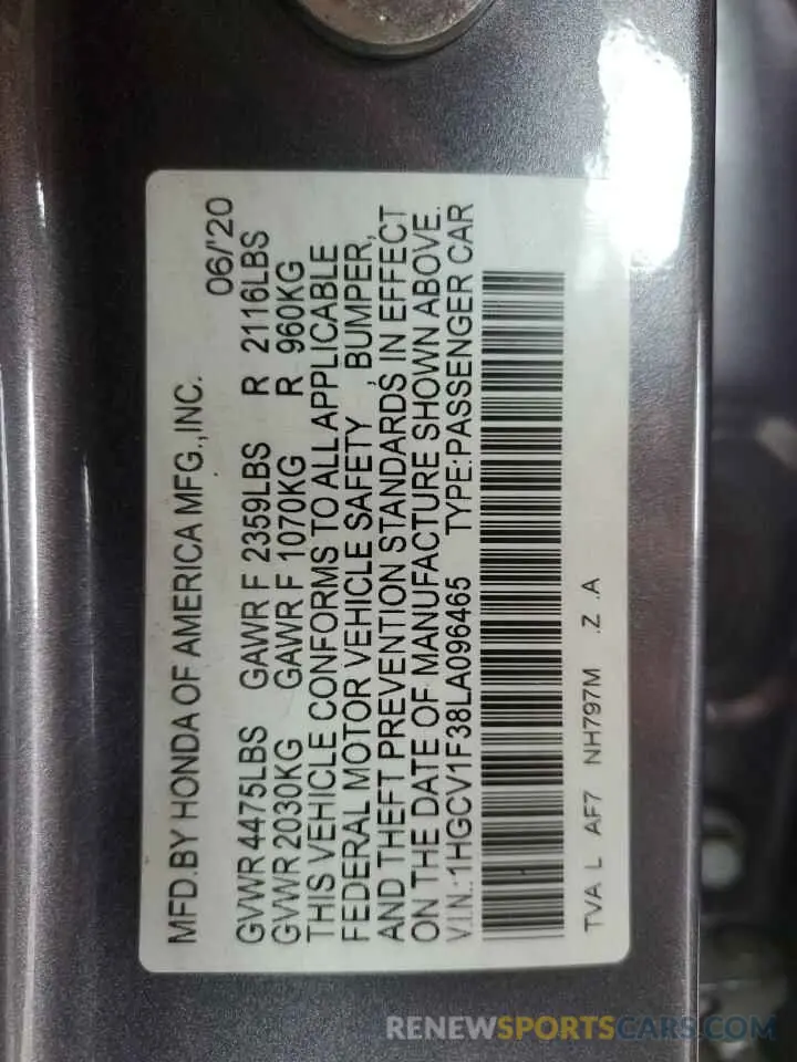 12 Photograph of a damaged car 1HGCV1F38LA096465 HONDA ACCORD 2020