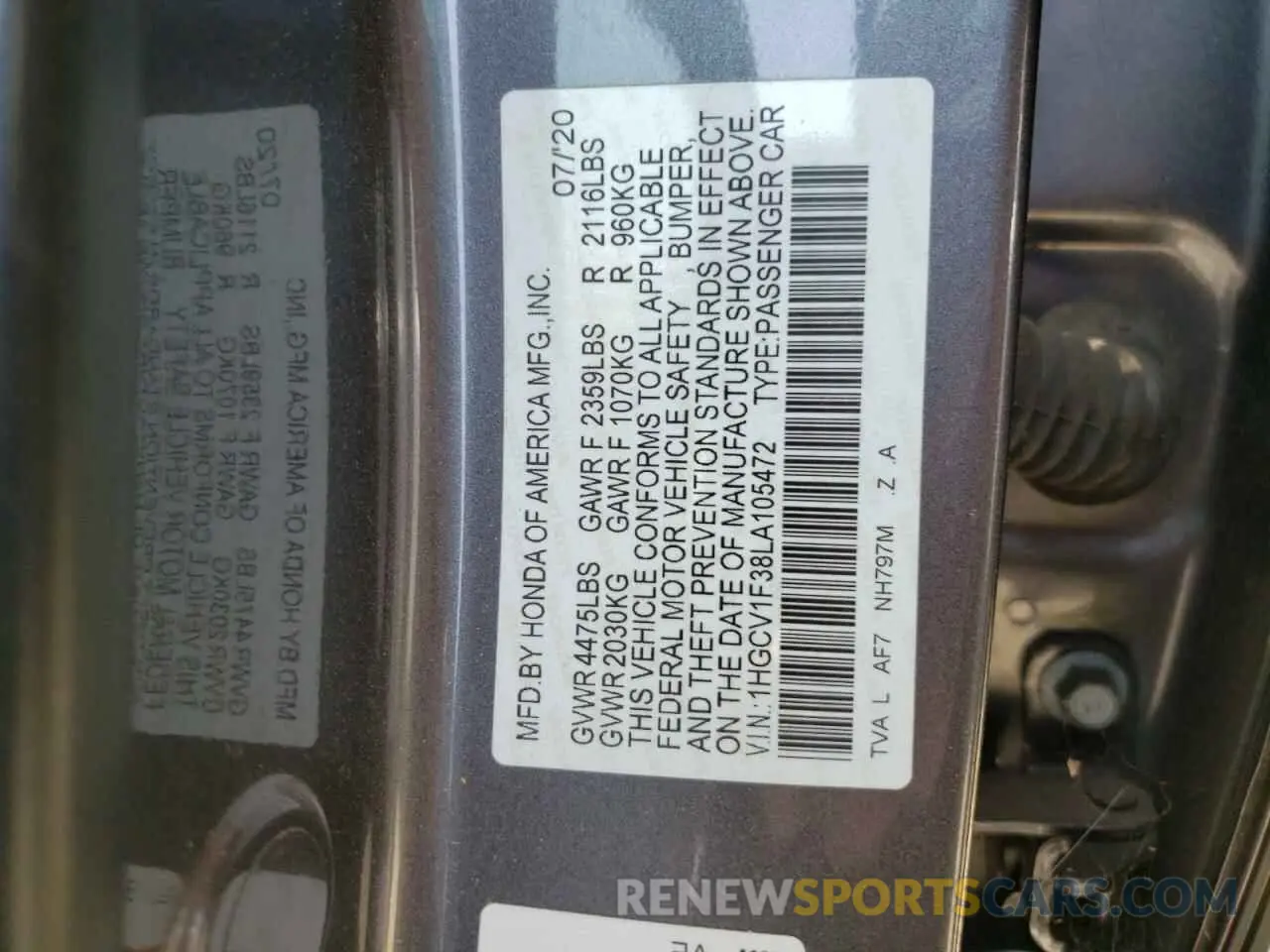 13 Photograph of a damaged car 1HGCV1F38LA105472 HONDA ACCORD 2020