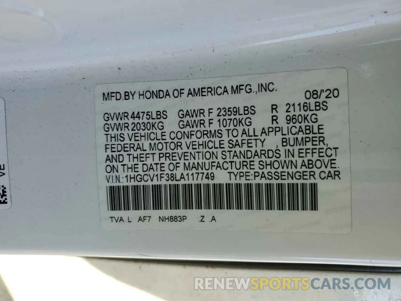 12 Photograph of a damaged car 1HGCV1F38LA117749 HONDA ACCORD 2020