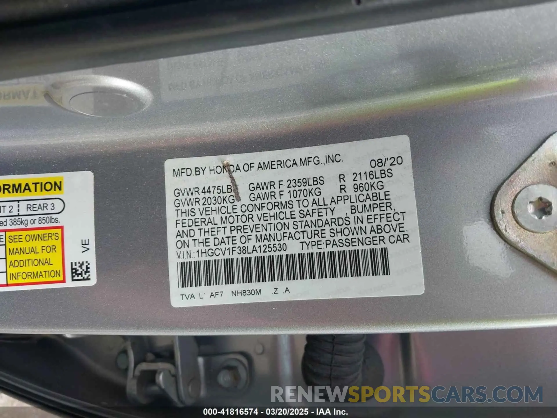 9 Photograph of a damaged car 1HGCV1F38LA125530 HONDA ACCORD 2020
