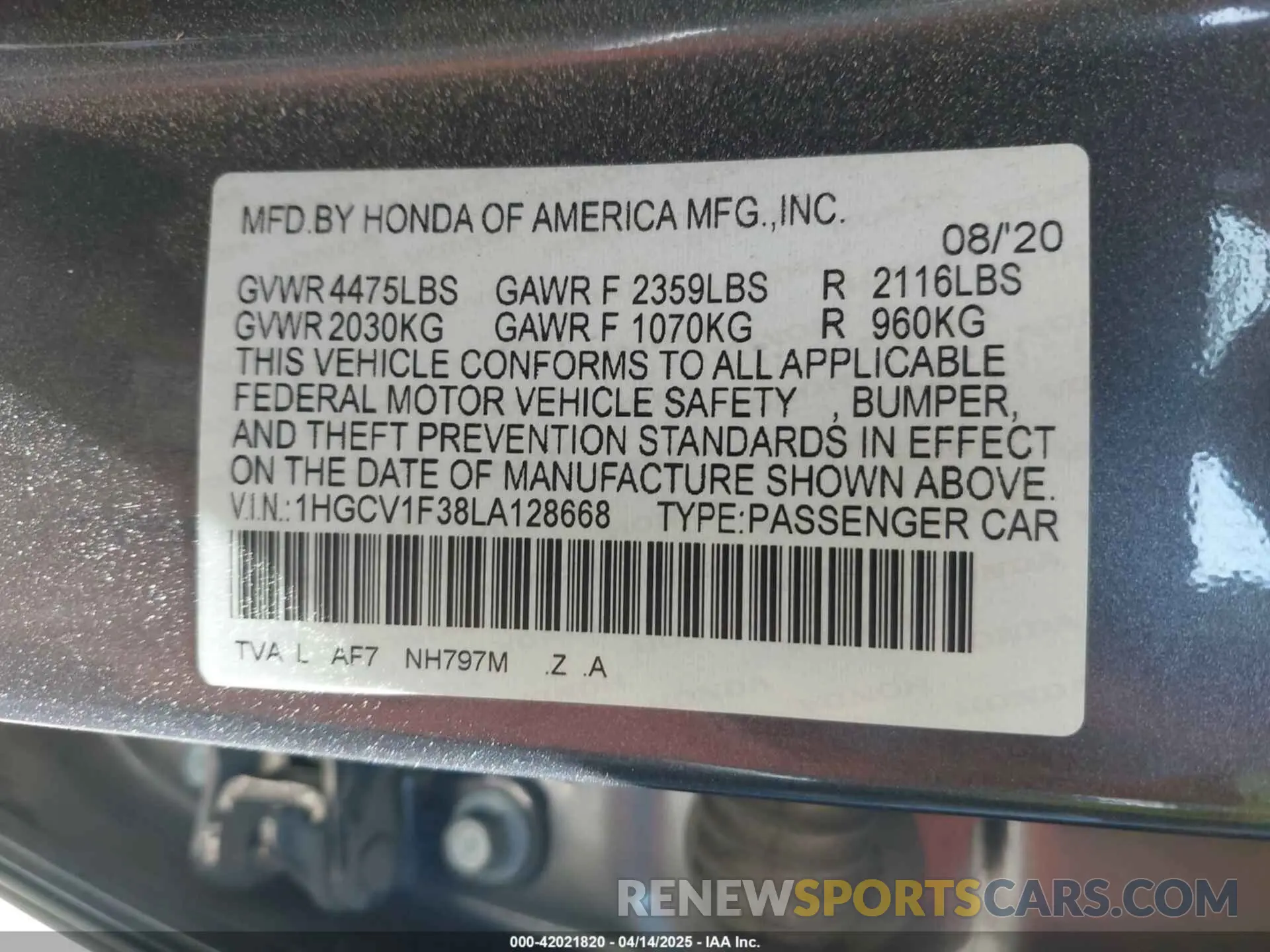9 Photograph of a damaged car 1HGCV1F38LA128668 HONDA ACCORD 2020