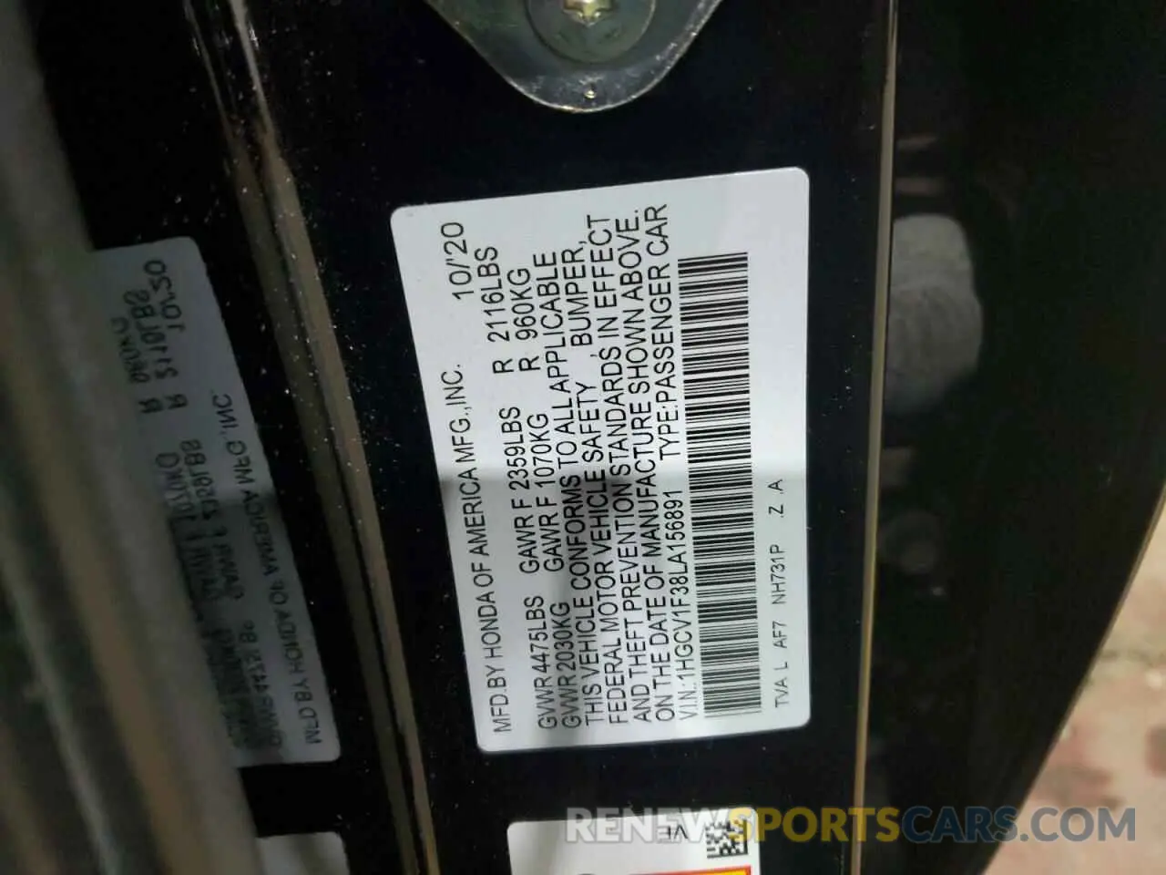 13 Photograph of a damaged car 1HGCV1F38LA156891 HONDA ACCORD 2020