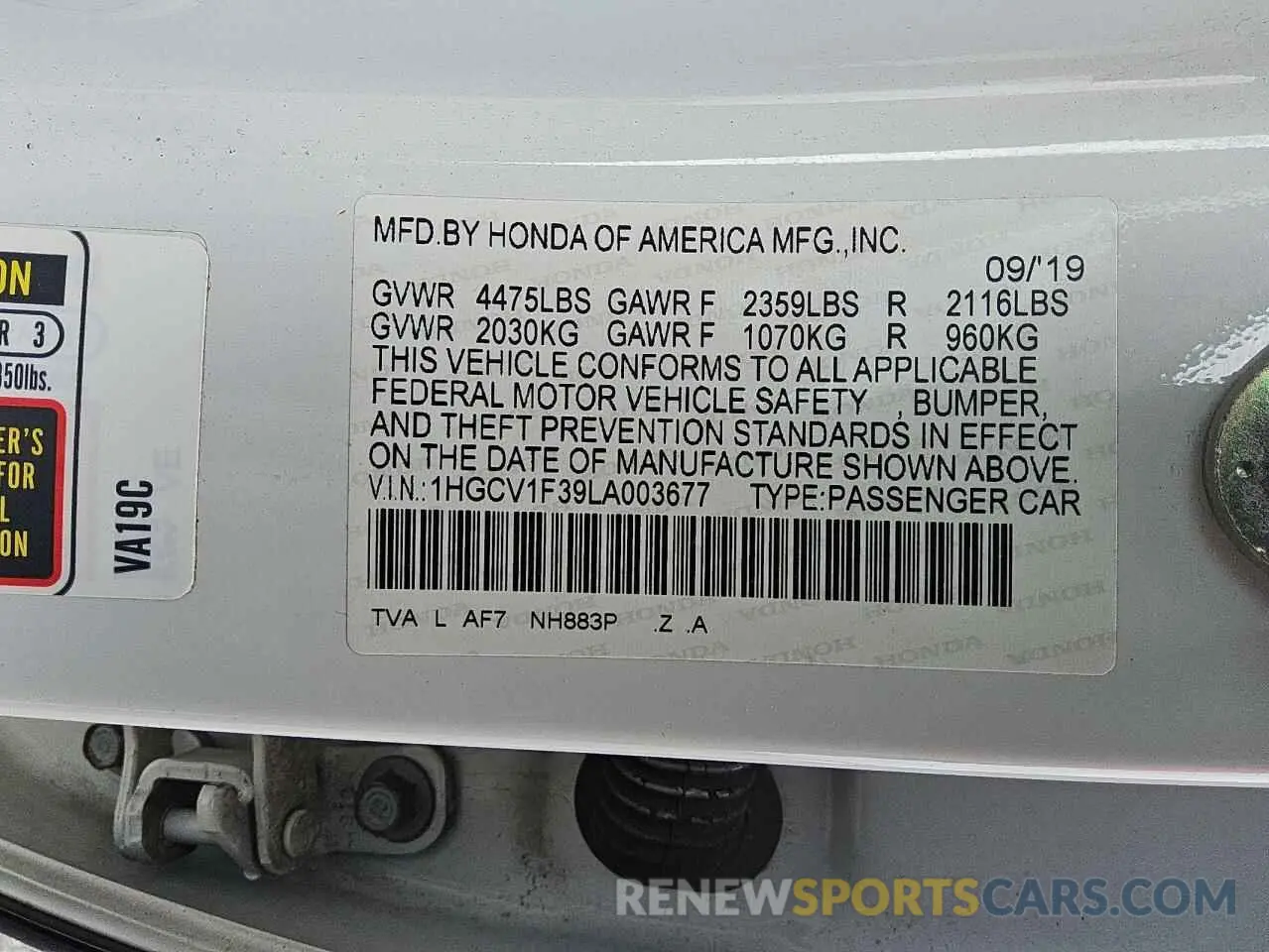 12 Photograph of a damaged car 1HGCV1F39LA003677 HONDA ACCORD 2020