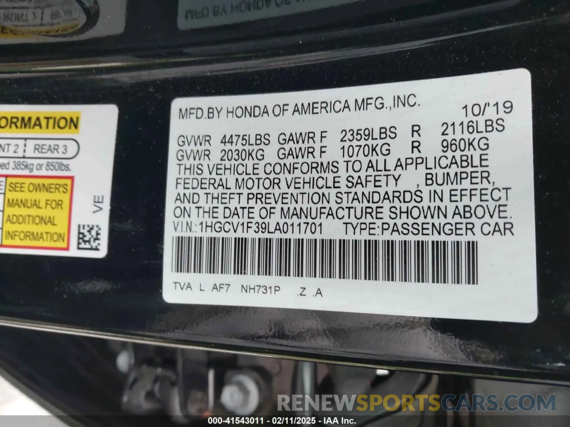 9 Photograph of a damaged car 1HGCV1F39LA011701 HONDA ACCORD 2020
