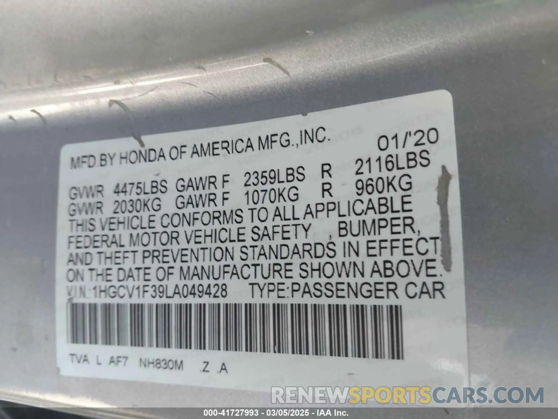 9 Photograph of a damaged car 1HGCV1F39LA049428 HONDA ACCORD 2020