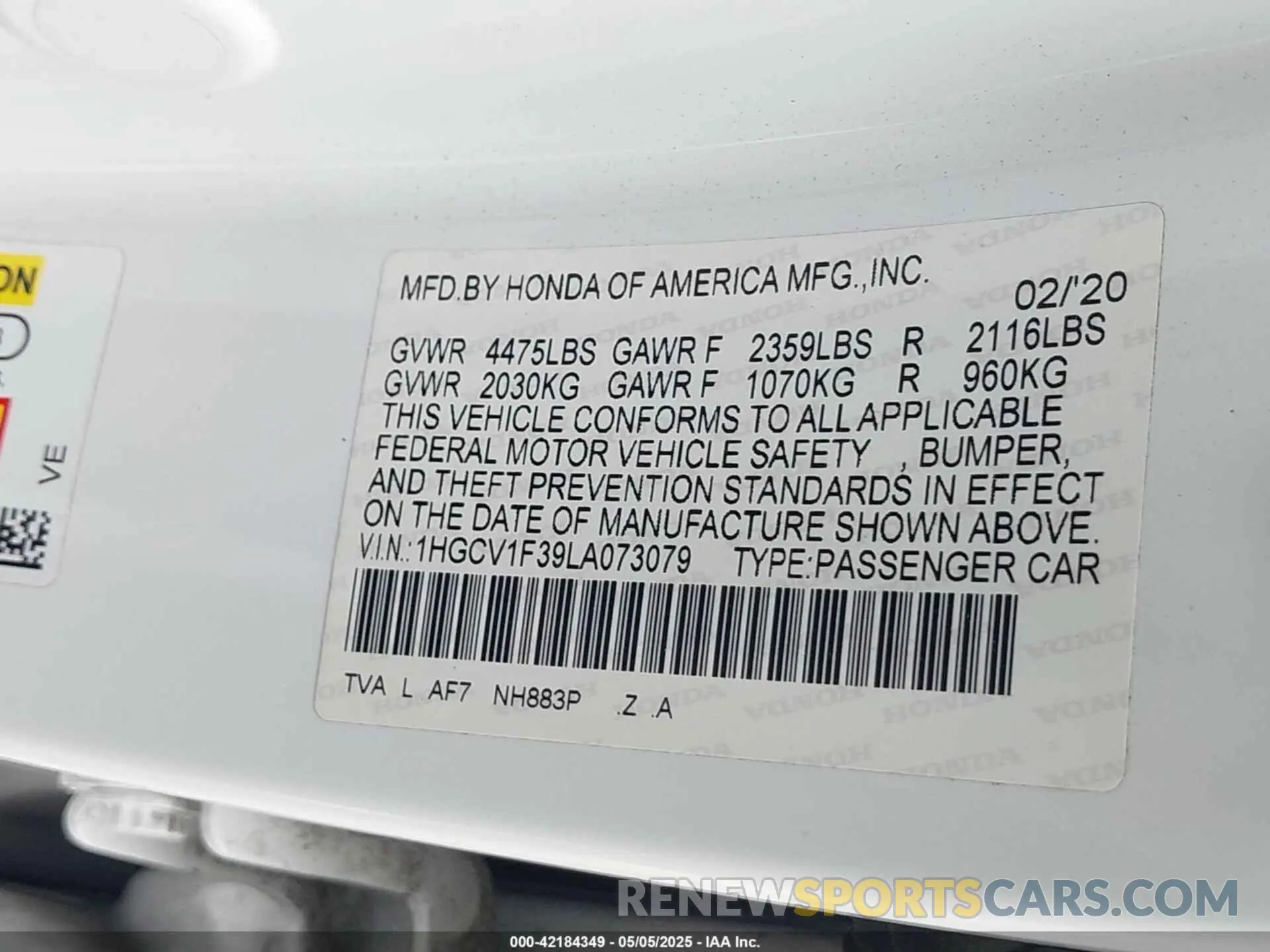 9 Photograph of a damaged car 1HGCV1F39LA073079 HONDA ACCORD 2020