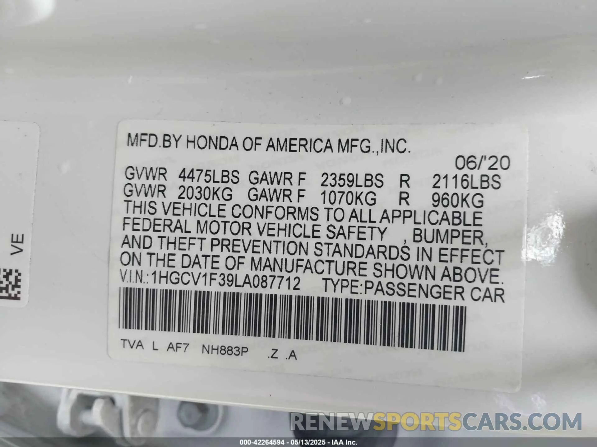 9 Photograph of a damaged car 1HGCV1F39LA087712 HONDA ACCORD 2020