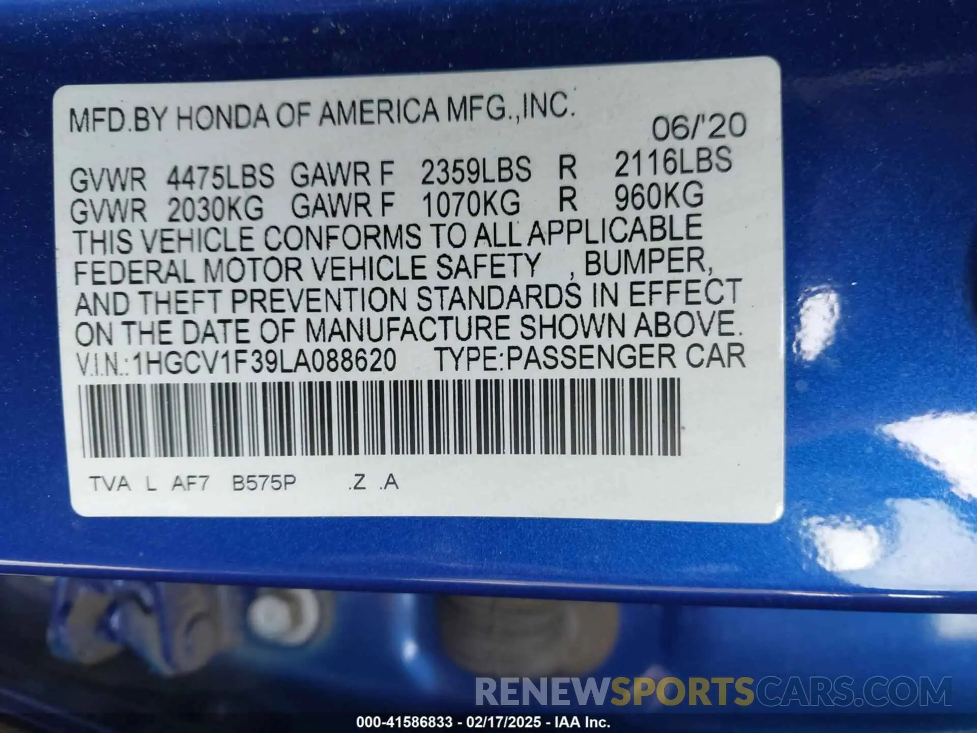 9 Photograph of a damaged car 1HGCV1F39LA088620 HONDA ACCORD 2020