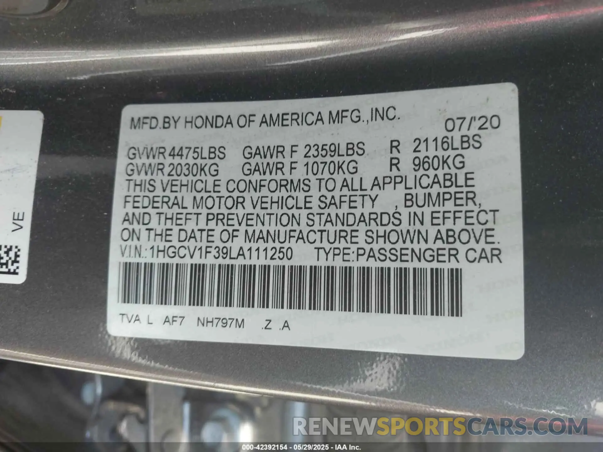 9 Photograph of a damaged car 1HGCV1F39LA111250 HONDA ACCORD 2020