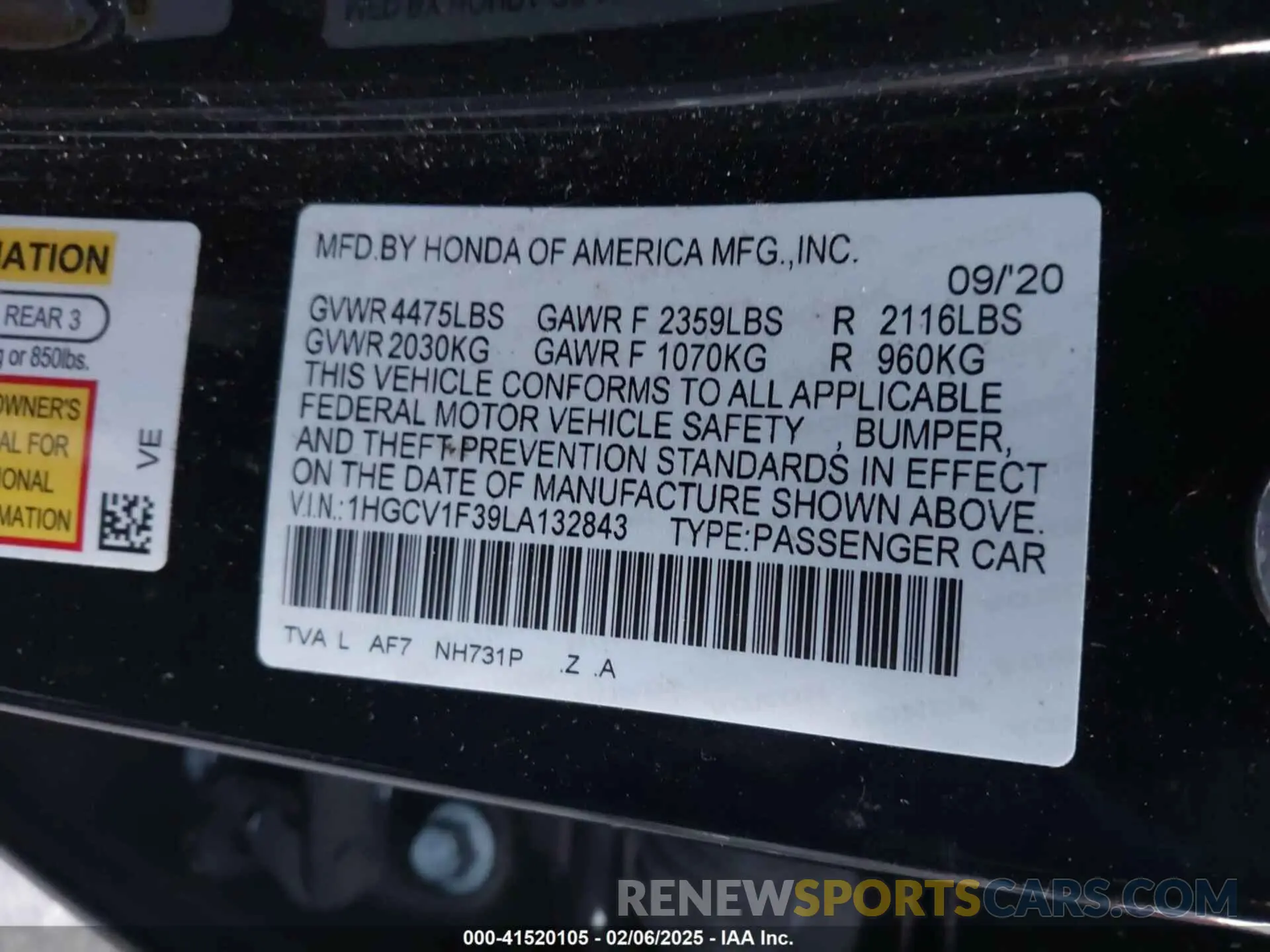 9 Photograph of a damaged car 1HGCV1F39LA132843 HONDA ACCORD 2020