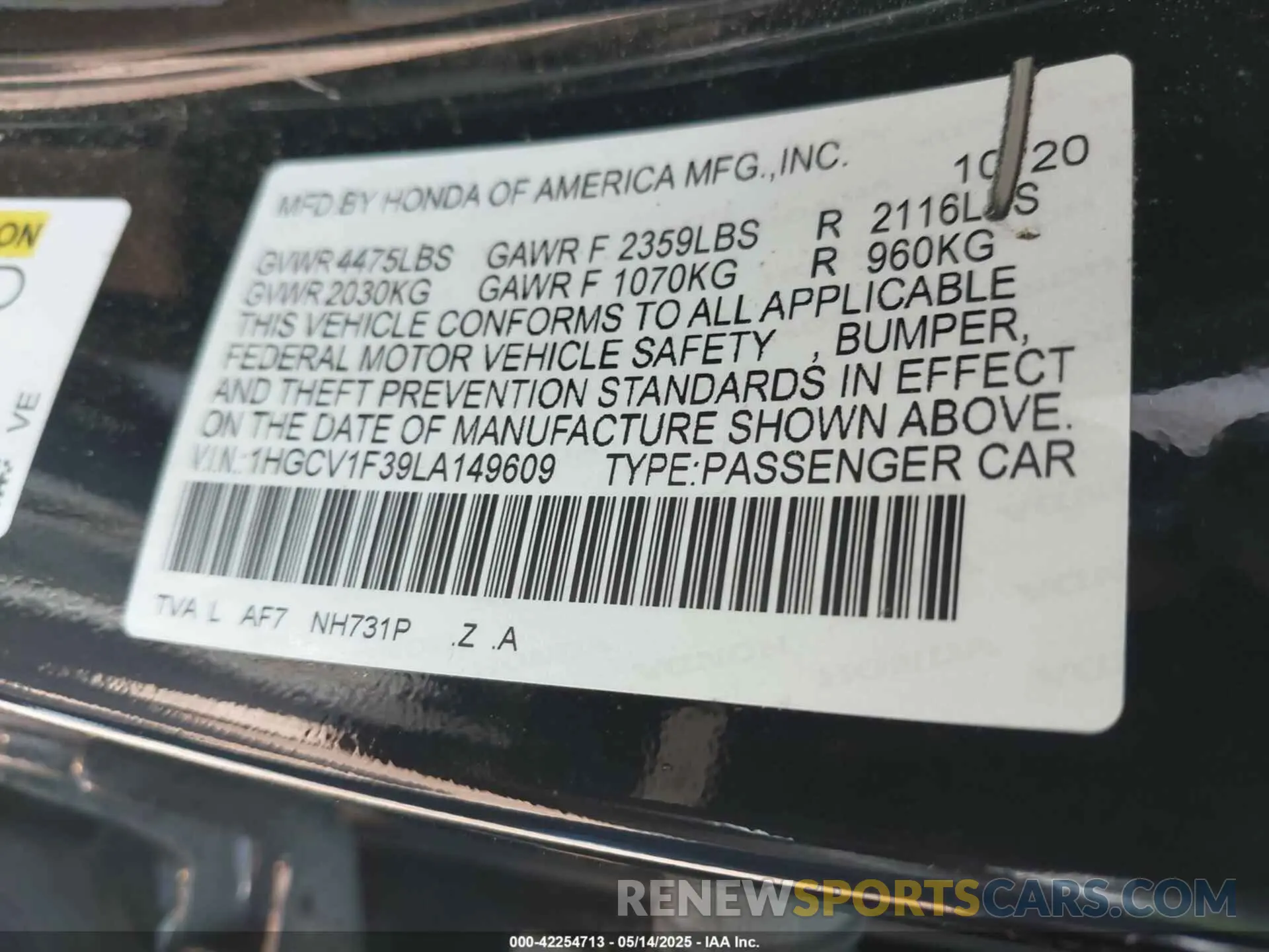 9 Photograph of a damaged car 1HGCV1F39LA149609 HONDA ACCORD 2020
