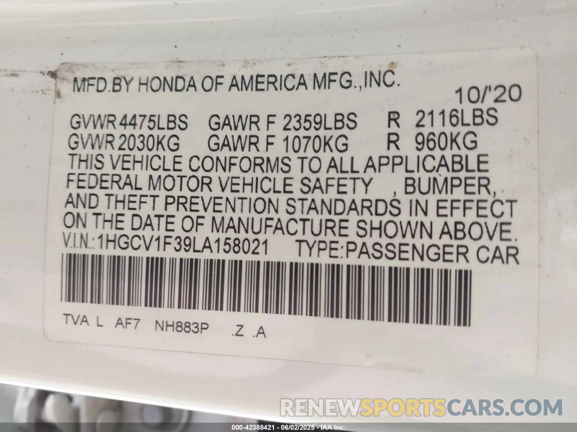 9 Photograph of a damaged car 1HGCV1F39LA158021 HONDA ACCORD 2020