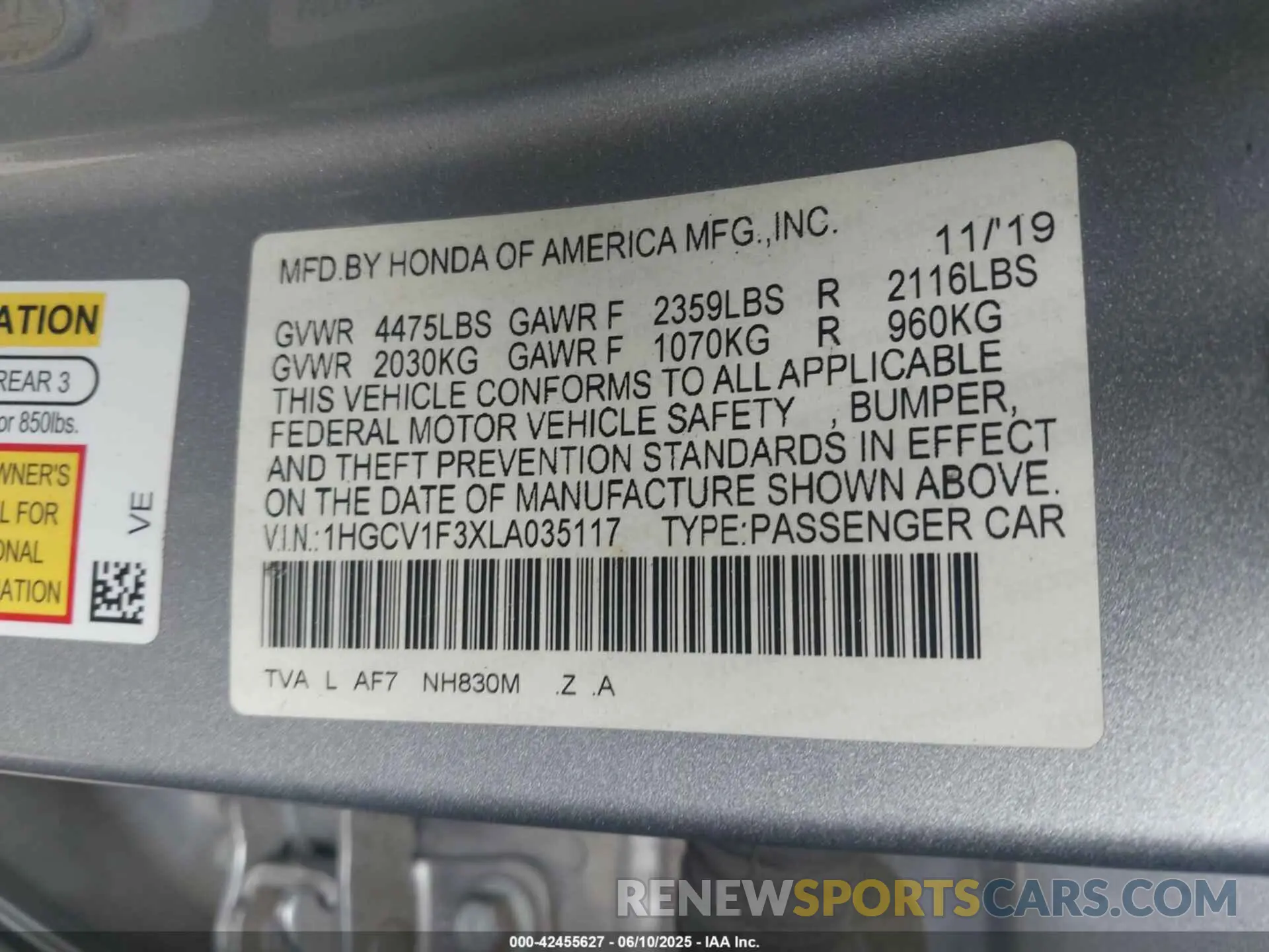 9 Photograph of a damaged car 1HGCV1F3XLA035117 HONDA ACCORD 2020