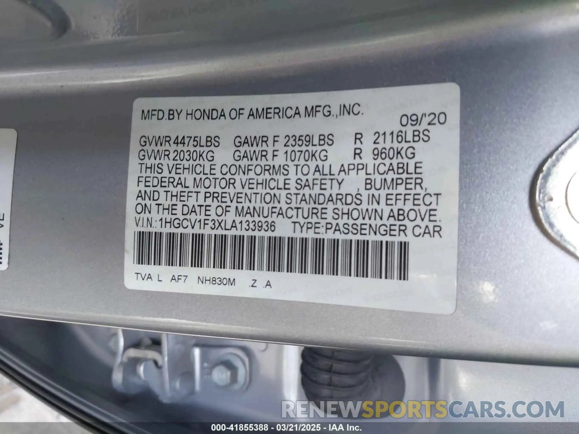 9 Photograph of a damaged car 1HGCV1F3XLA133936 HONDA ACCORD 2020
