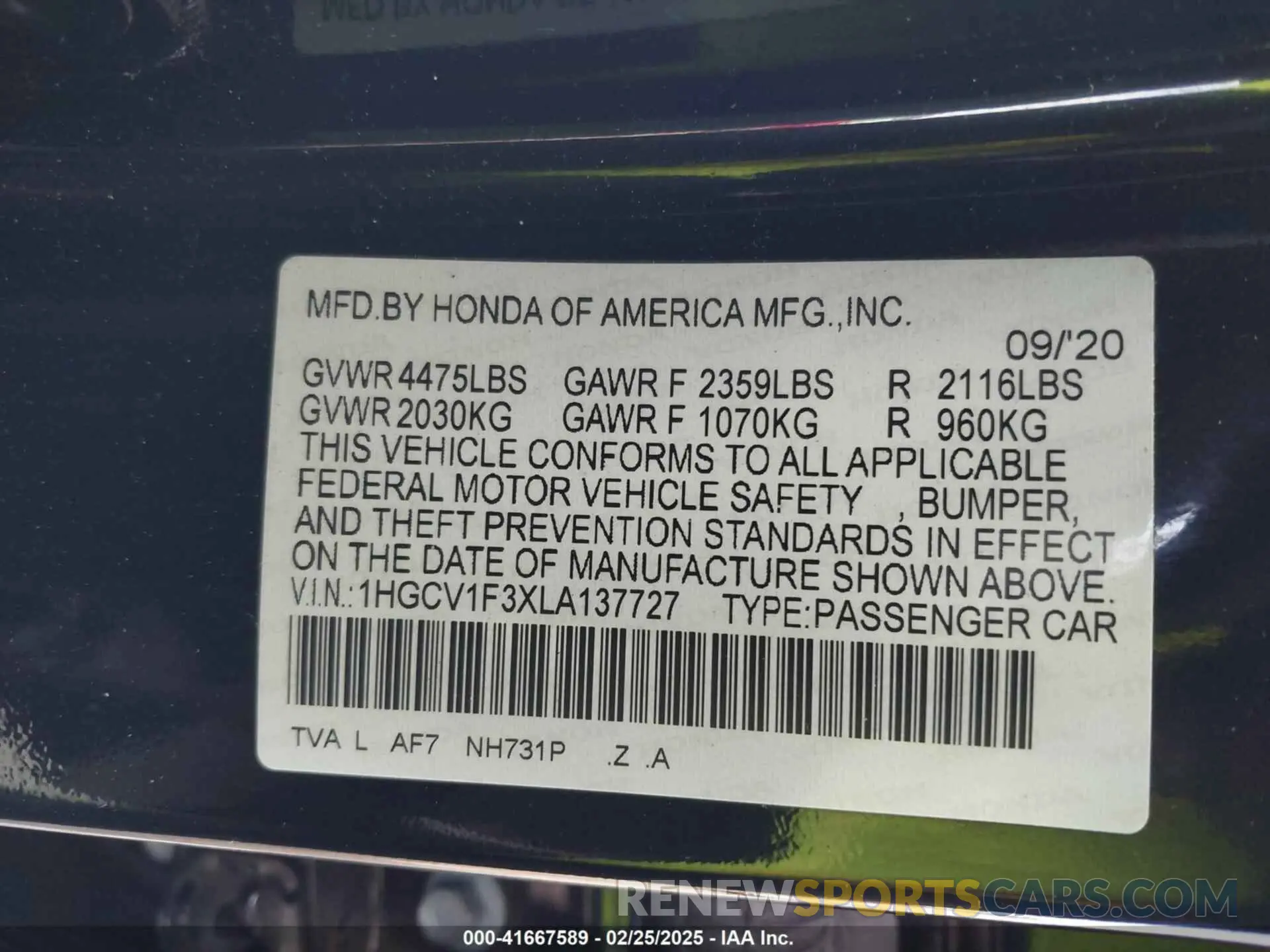 9 Photograph of a damaged car 1HGCV1F3XLA137727 HONDA ACCORD 2020