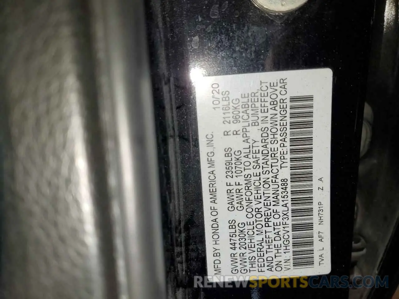 12 Photograph of a damaged car 1HGCV1F3XLA153488 HONDA ACCORD 2020