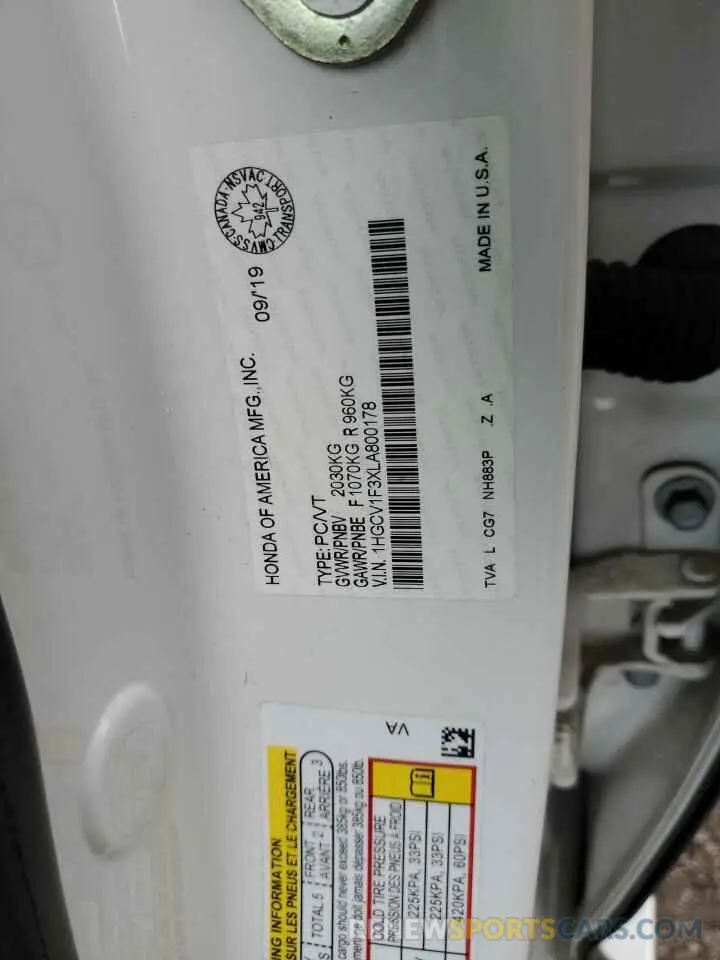 12 Photograph of a damaged car 1HGCV1F3XLA800178 HONDA ACCORD 2020