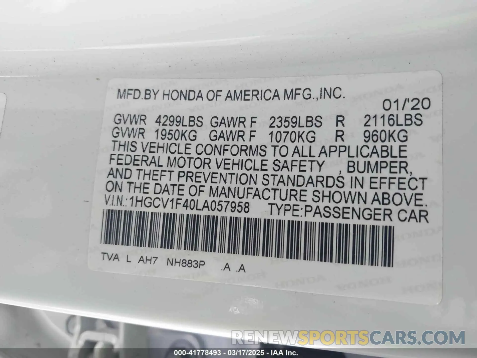9 Photograph of a damaged car 1HGCV1F40LA057958 HONDA ACCORD 2020