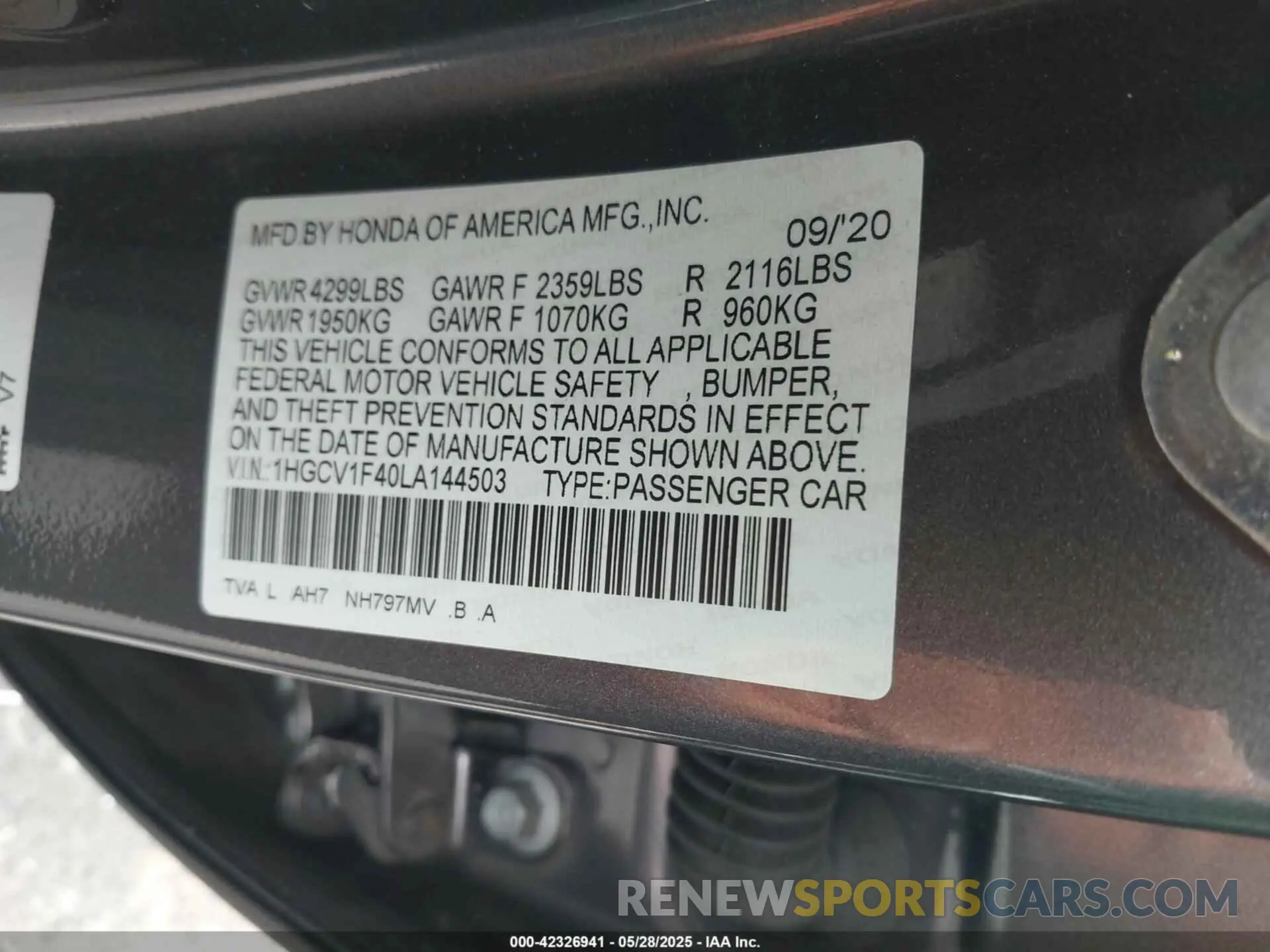9 Photograph of a damaged car 1HGCV1F40LA144503 HONDA ACCORD 2020