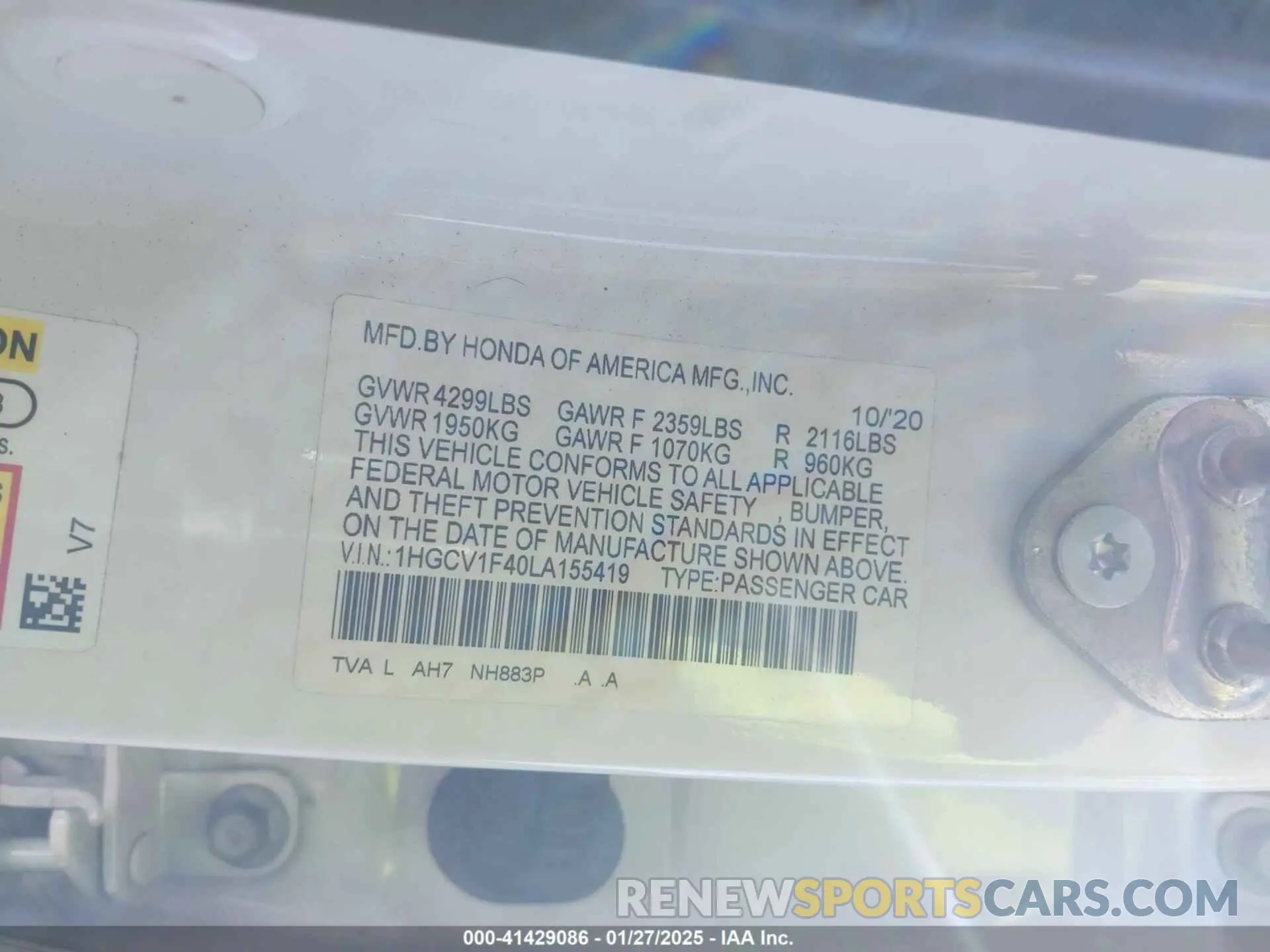 9 Photograph of a damaged car 1HGCV1F40LA155419 HONDA ACCORD 2020