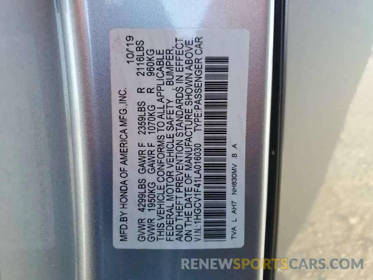15 Photograph of a damaged car 1HGCV1F41LA016030 HONDA ACCORD 2020