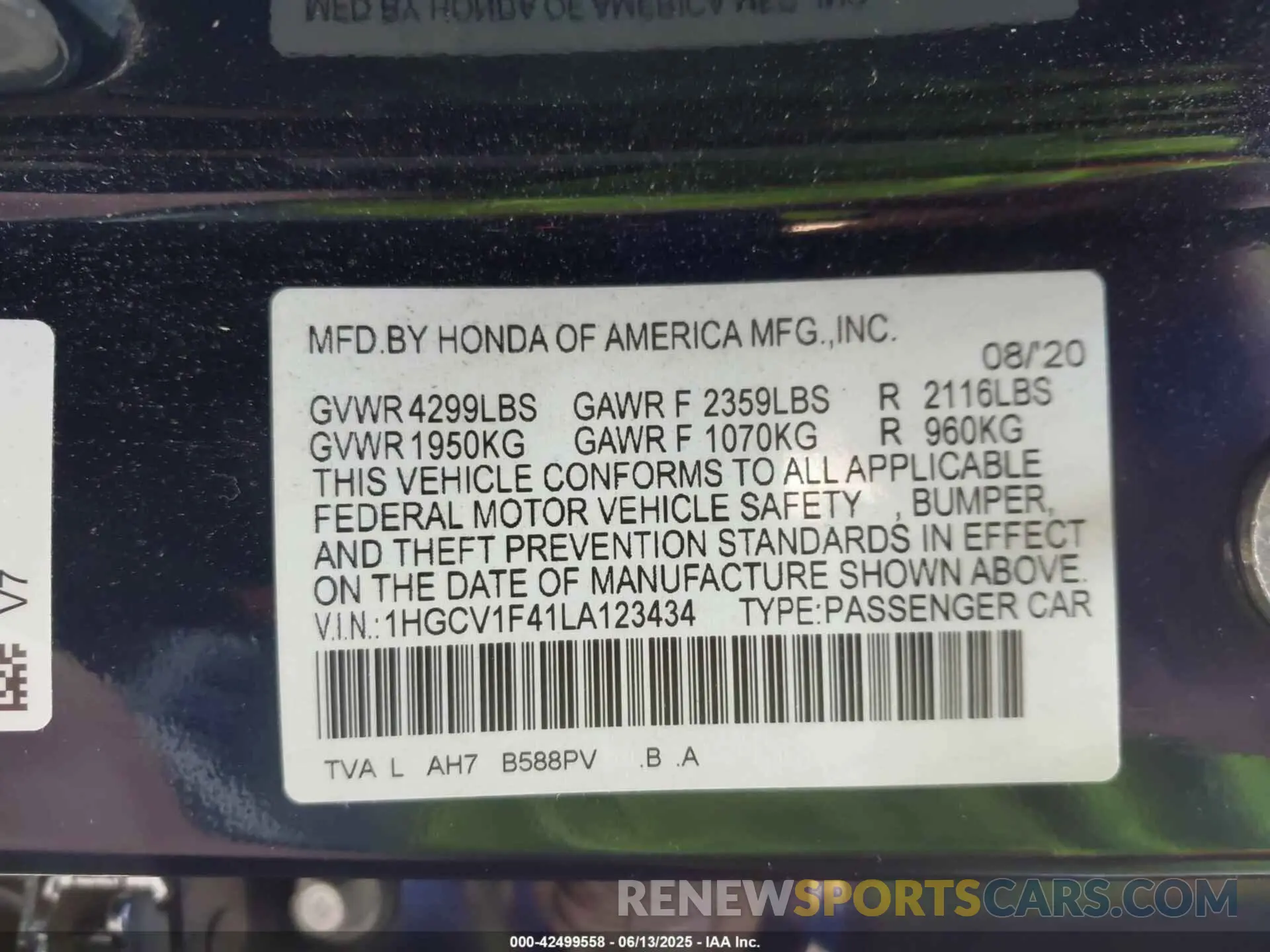 9 Photograph of a damaged car 1HGCV1F41LA123434 HONDA ACCORD 2020