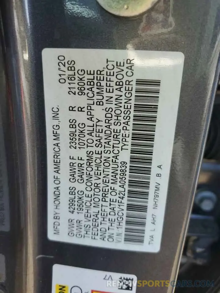 14 Photograph of a damaged car 1HGCV1F42LA059839 HONDA ACCORD 2020