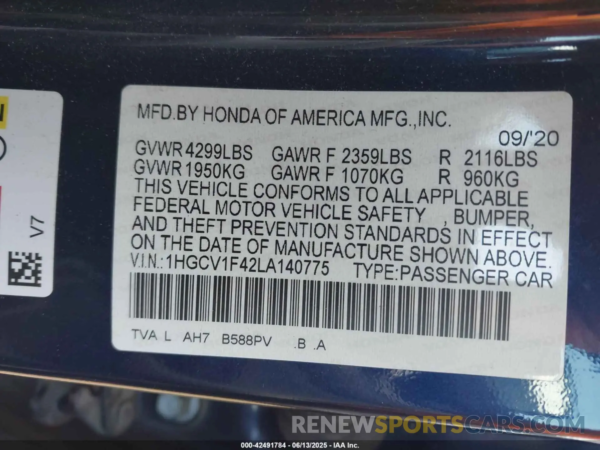 9 Photograph of a damaged car 1HGCV1F42LA140775 HONDA ACCORD 2020