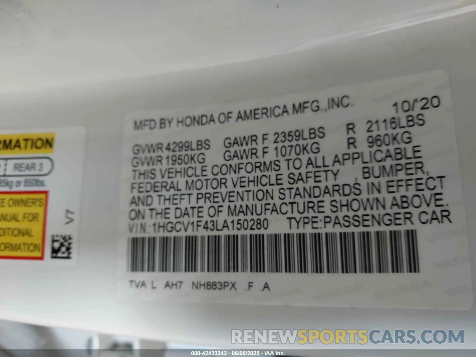 9 Photograph of a damaged car 1HGCV1F43LA150280 HONDA ACCORD 2020