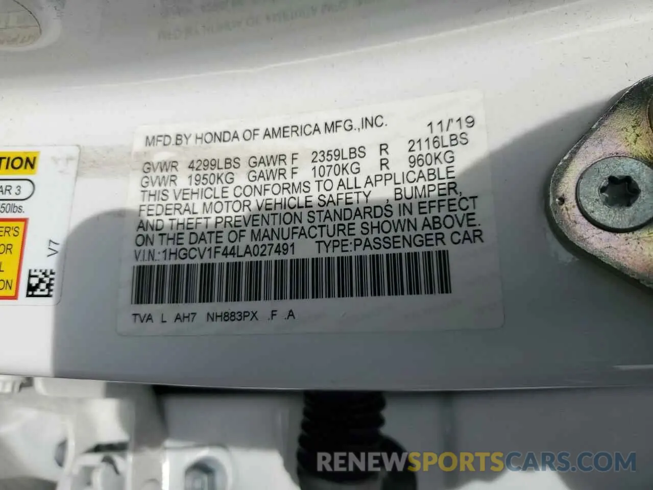 12 Photograph of a damaged car 1HGCV1F44LA027491 HONDA ACCORD 2020