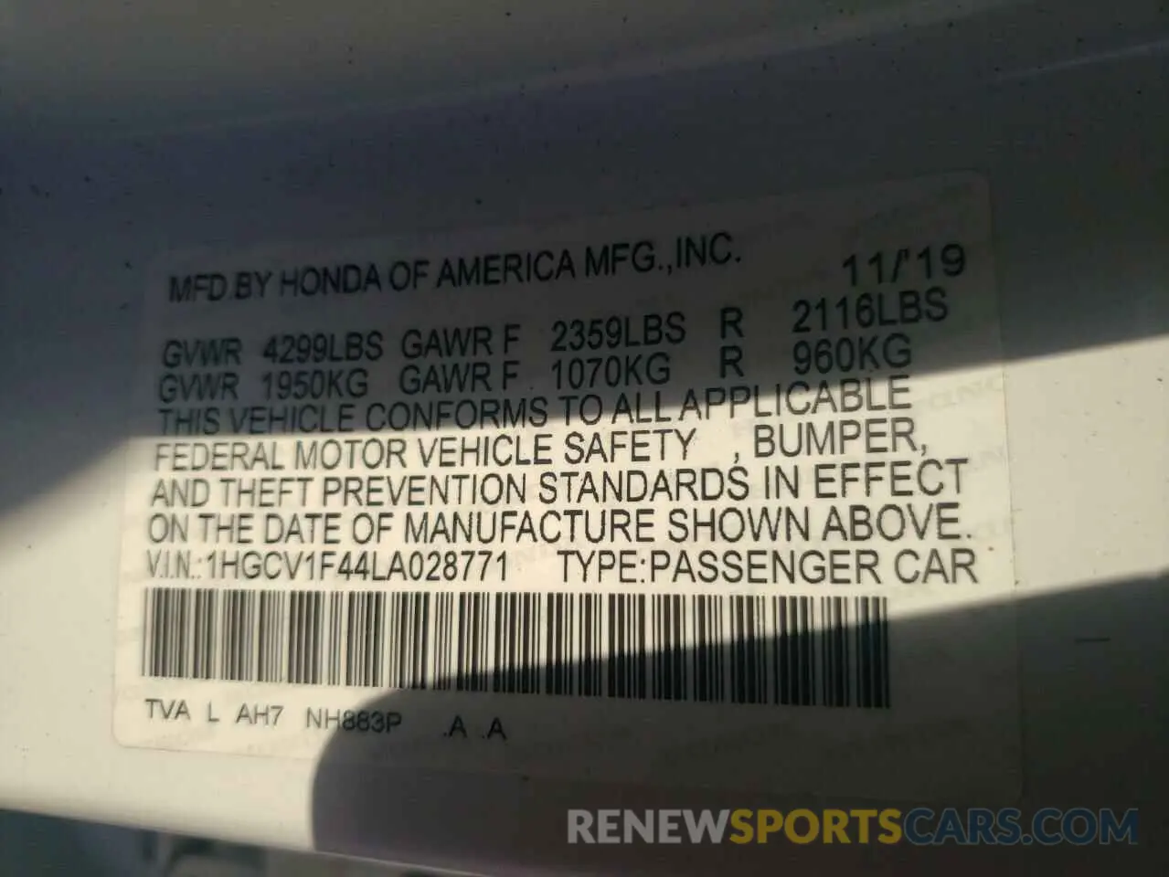 13 Photograph of a damaged car 1HGCV1F44LA028771 HONDA ACCORD 2020