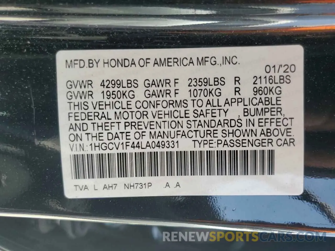 13 Photograph of a damaged car 1HGCV1F44LA049331 HONDA ACCORD 2020