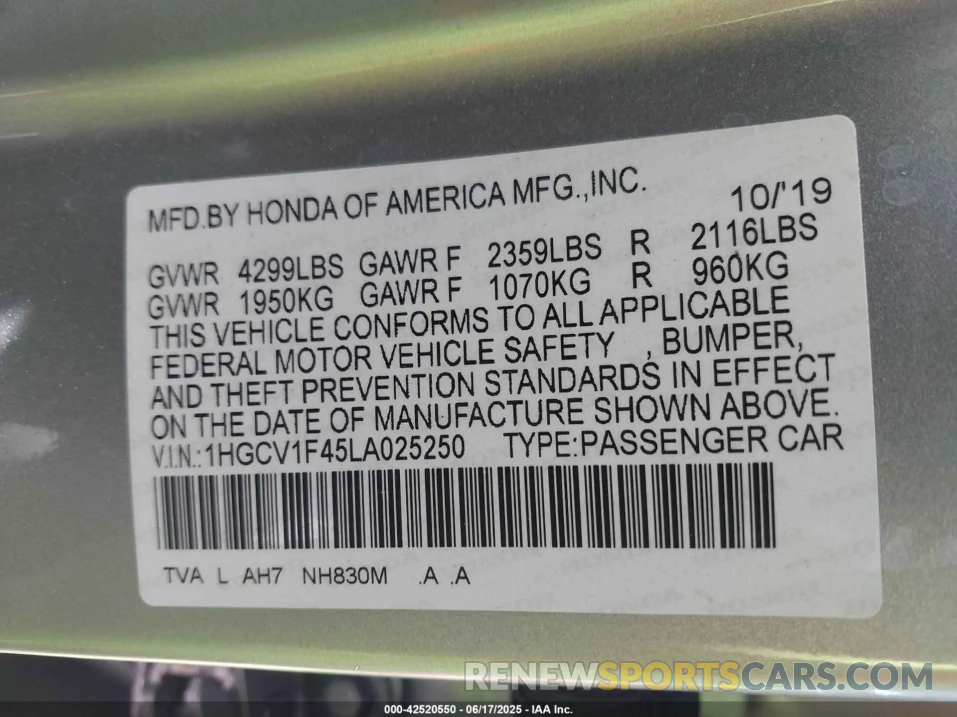 9 Photograph of a damaged car 1HGCV1F45LA025250 HONDA ACCORD 2020