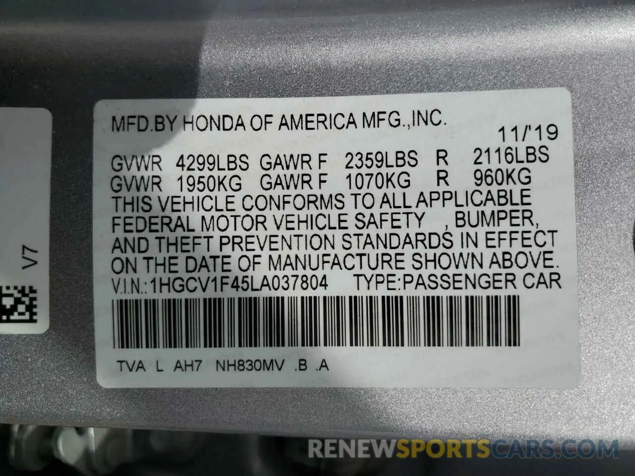 14 Photograph of a damaged car 1HGCV1F45LA037804 HONDA ACCORD 2020