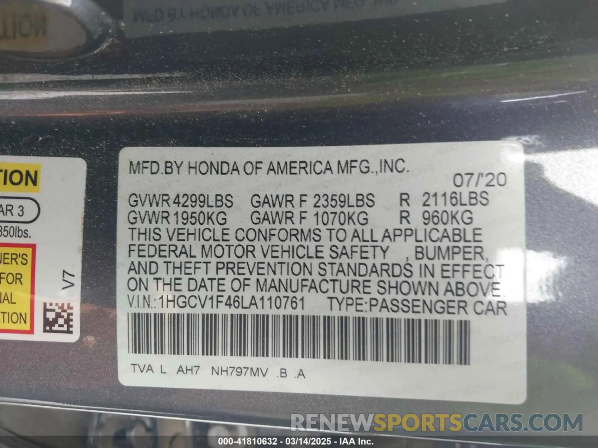 9 Photograph of a damaged car 1HGCV1F46LA110761 HONDA ACCORD 2020